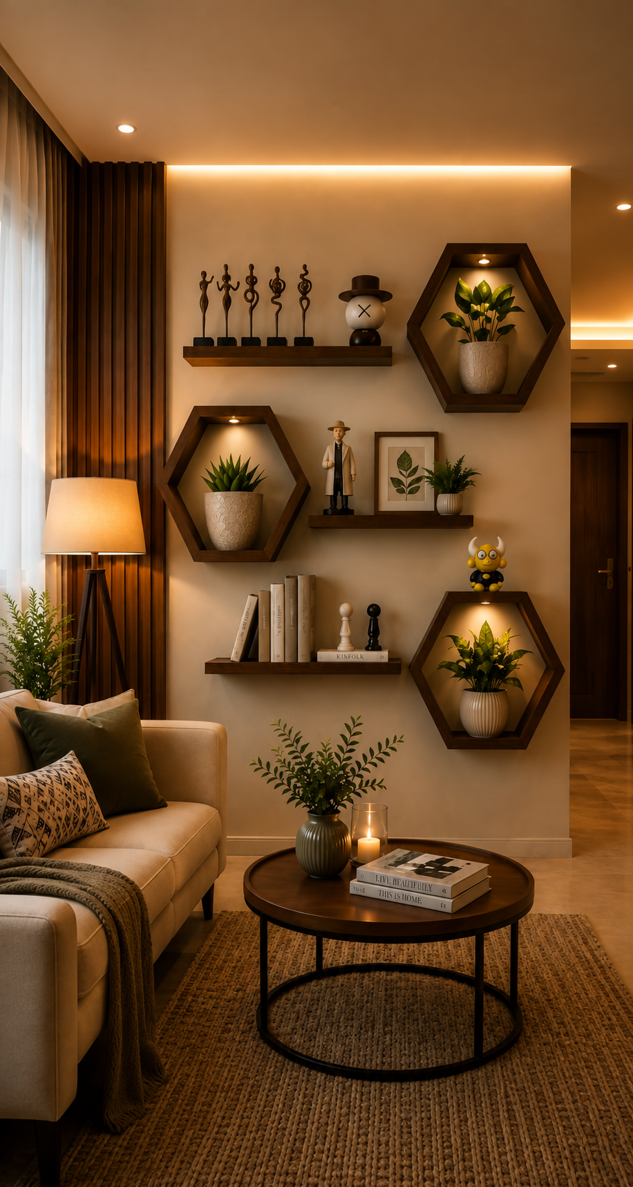 Warm cosy living room interior with wooden shelves and décor