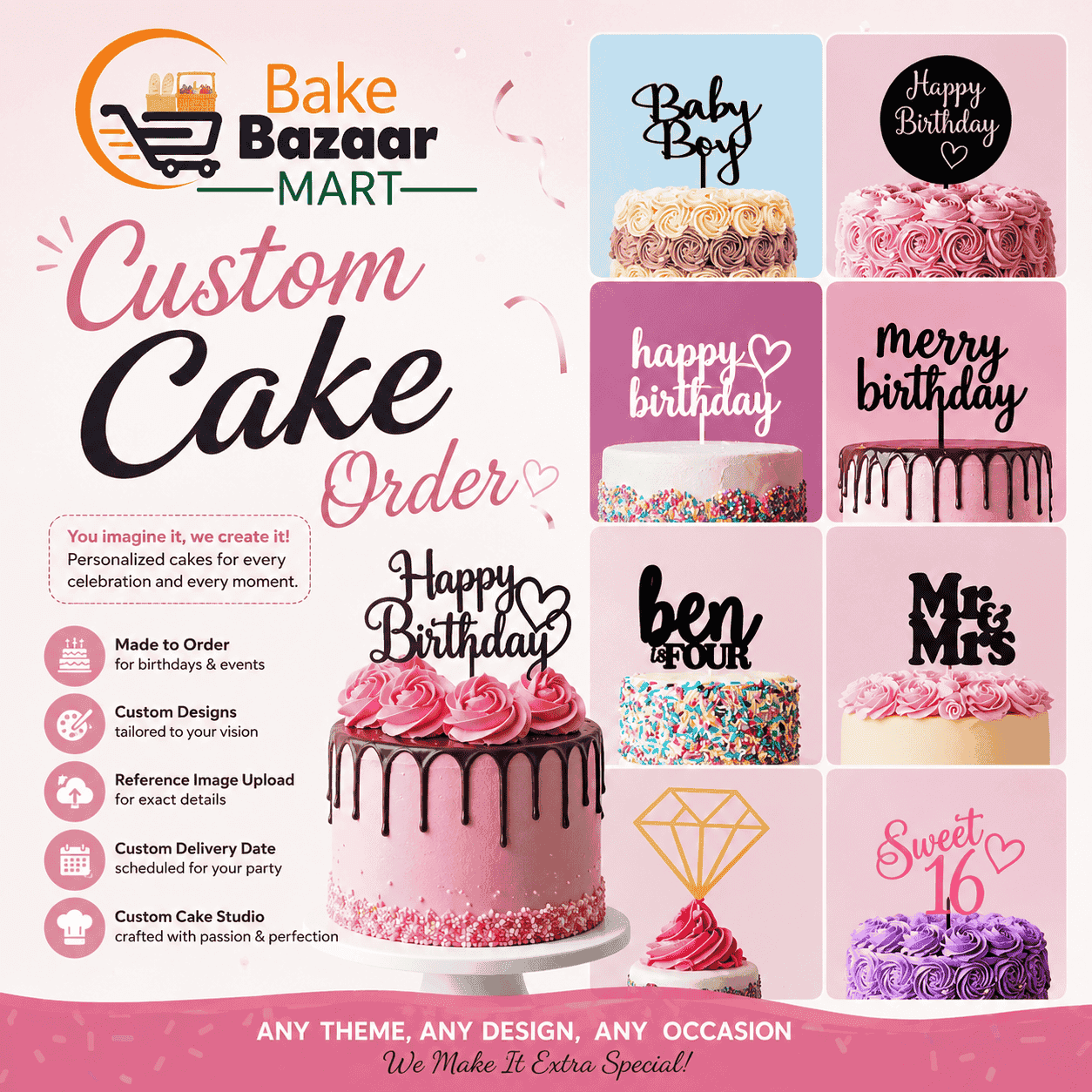 Custom celebration cake finished in frosting