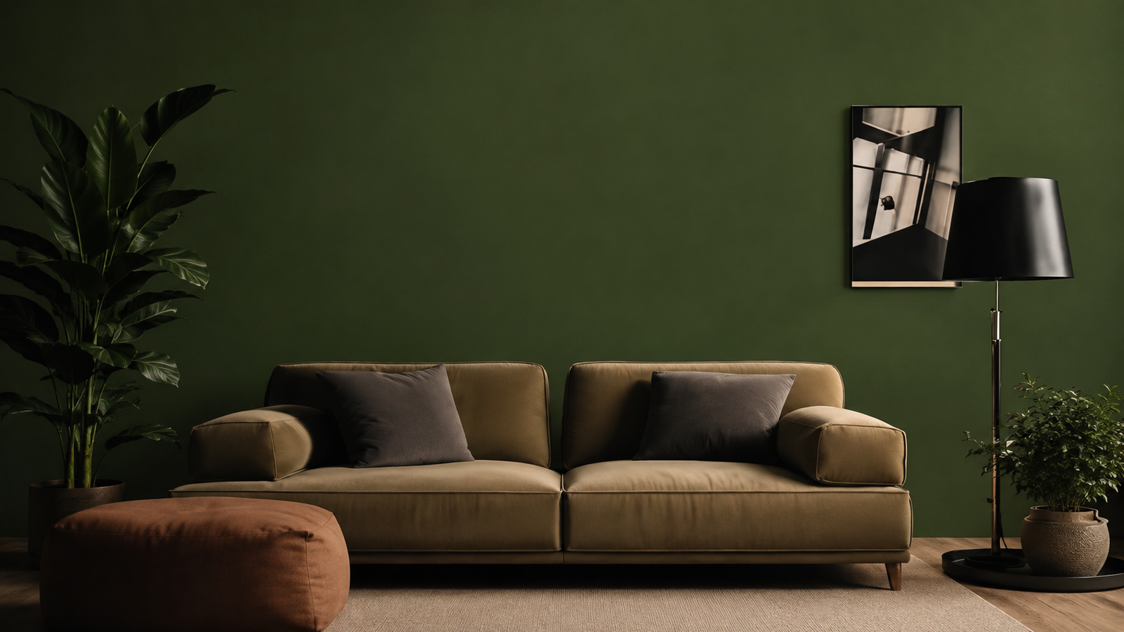 Warm cosy living room interior with wooden shelves and décor